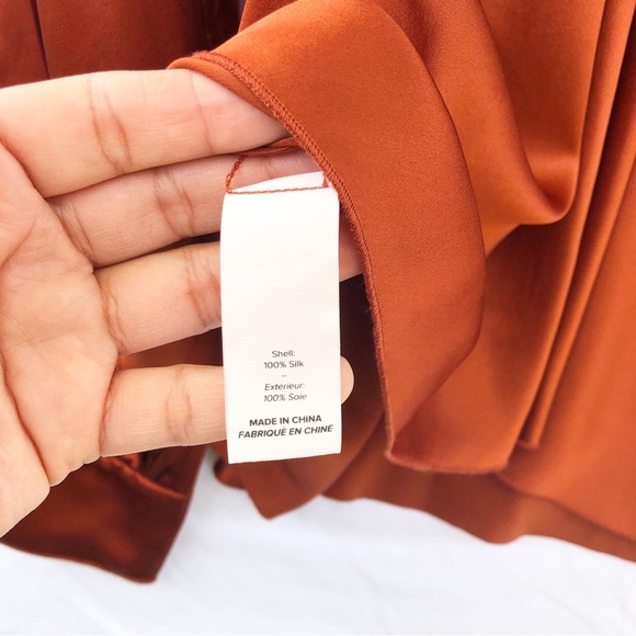 CINQ A SEPT | LENTZ TIE BOW LONG SLEEVE SILK SATIN LARGE BLOUSE IN TOBACCO - Picture 6 of 6